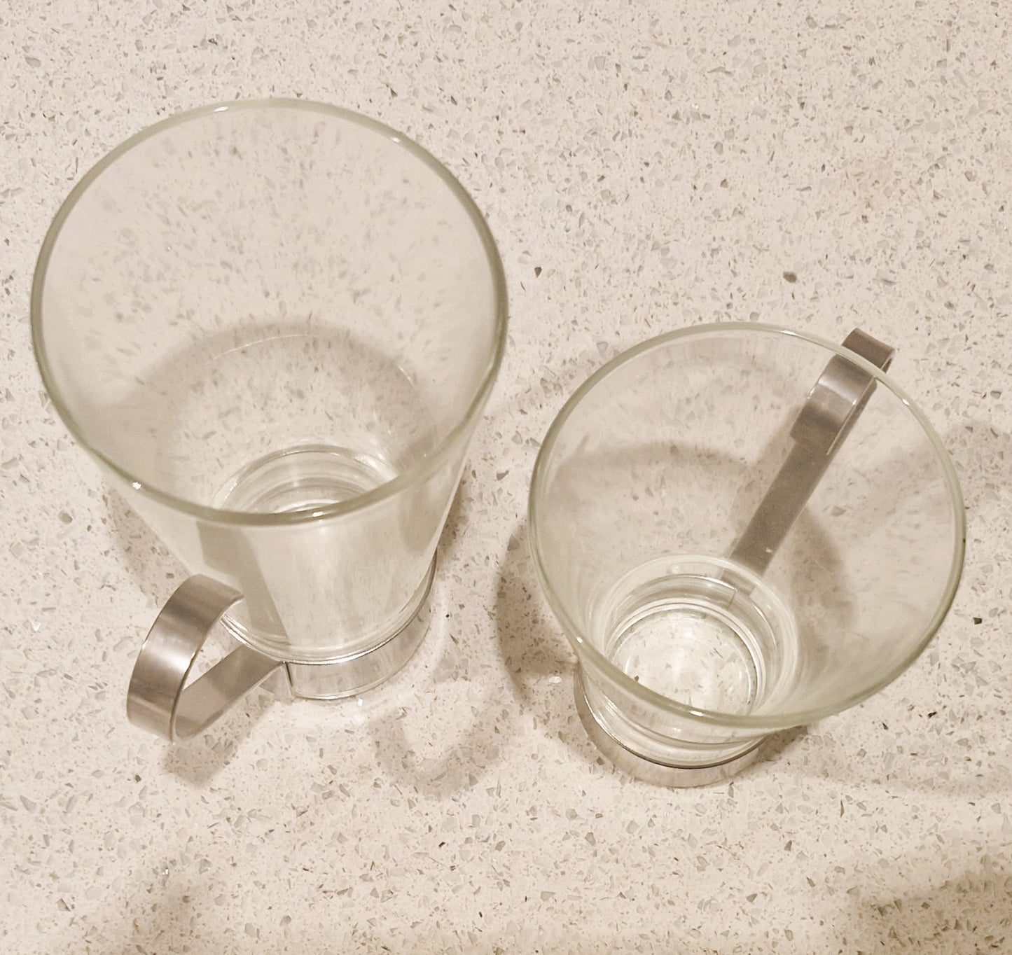 Vintage Bormioli Rocco Tempered Glass Coffee Cups with Metal Handle, Standard and Espresso