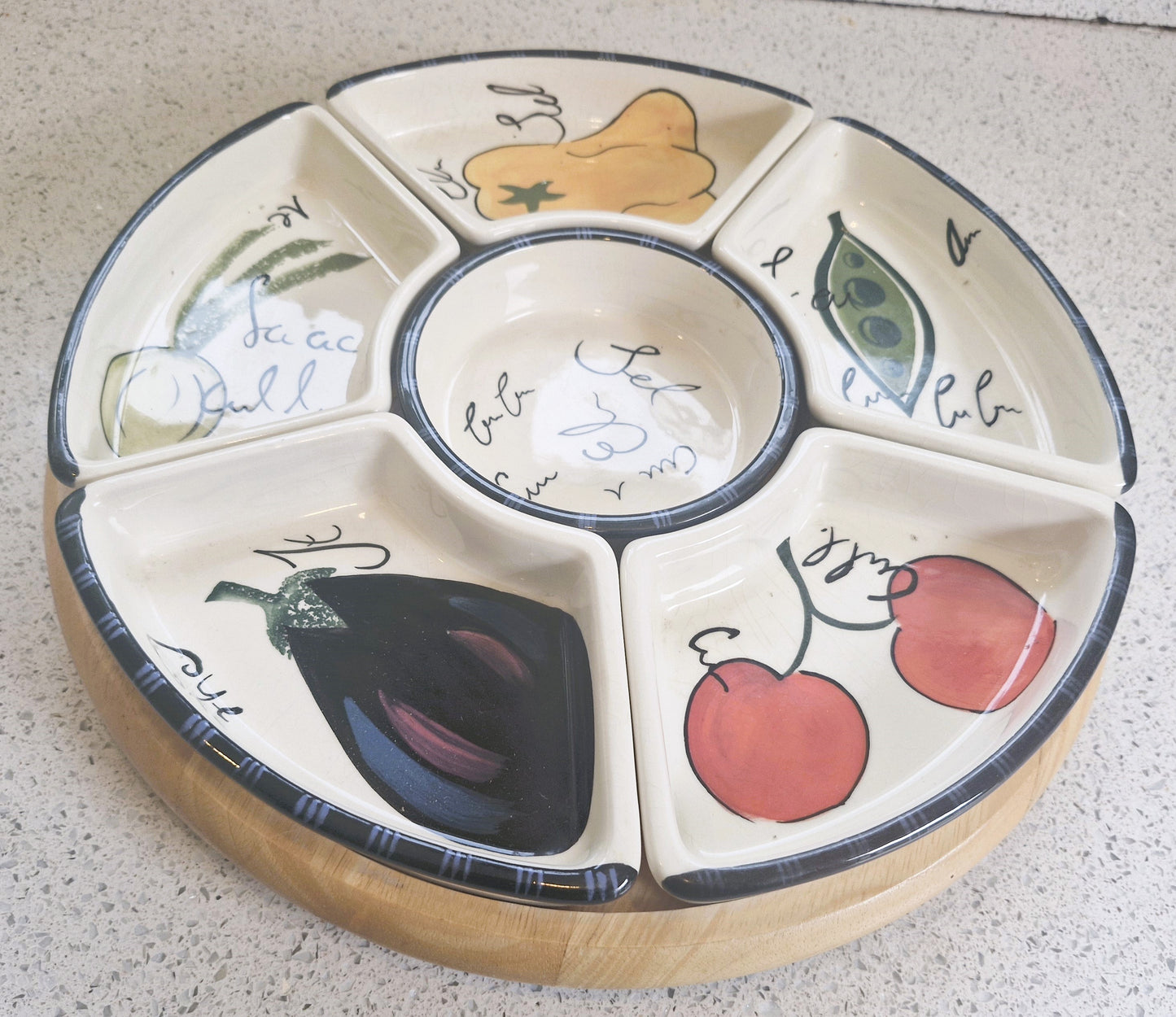 Vintage Lazy Susan, Tapas, Lazy Susan, Ceramic, Tapas, Dips, Crudities, Olives, Wooden, Aubergine, Very Good condition, complete