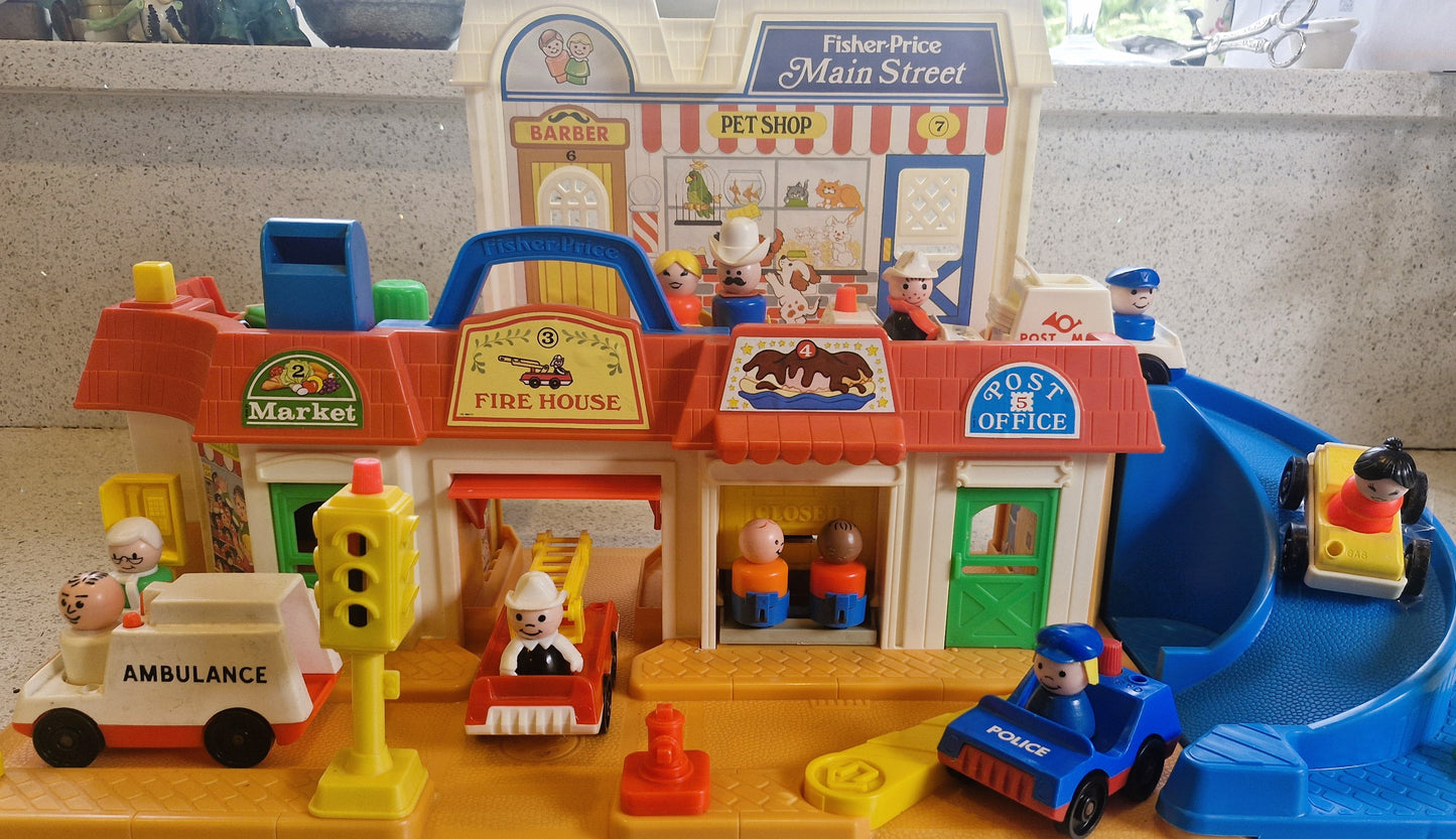 Vintage Fisher Price Main Street Set: Little People Town w/ Vehicles & Figures - BOXED