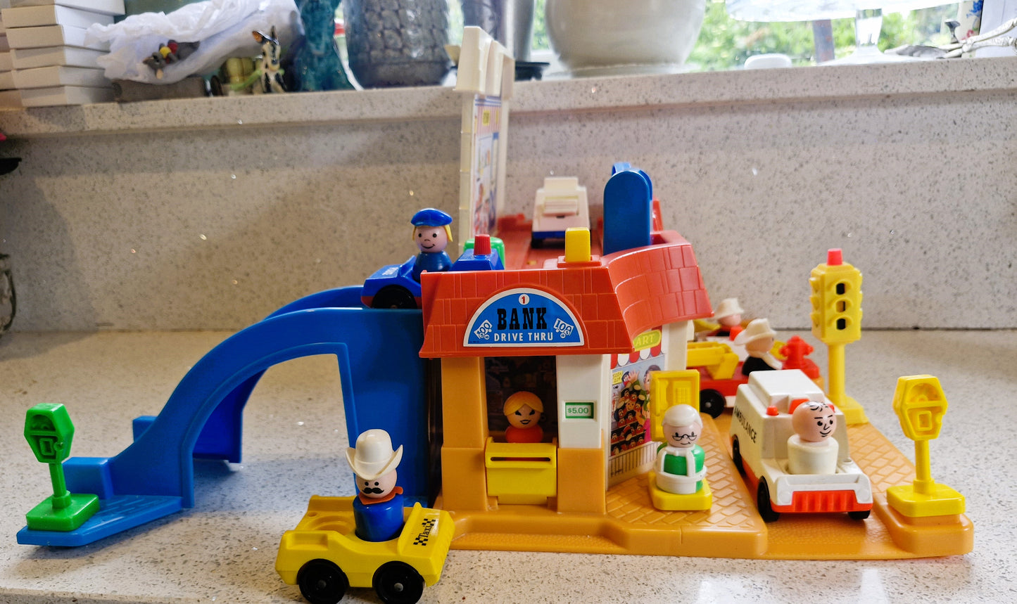 Vintage Fisher Price Main Street Set: Little People Town w/ Vehicles & Figures - BOXED