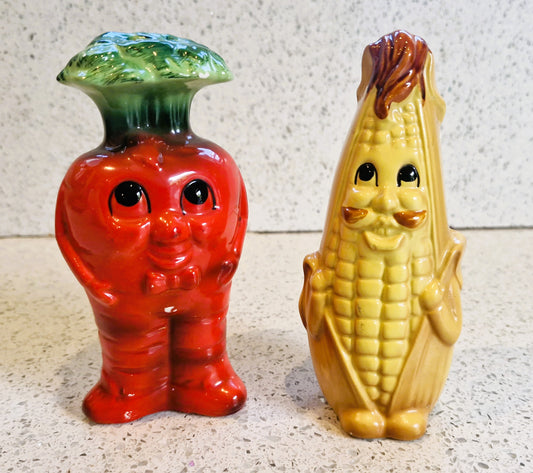 Vintage Ceramic Red Pepper and Sweetcorn Salt and Pepper Shakers: vegetables Salt and Pepper Shakers, Anthropomorphic