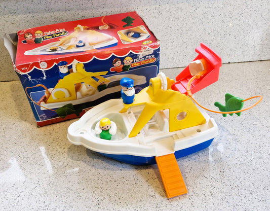 Boxed Fisher Price Cruiser,  Fishing Boat, Fisher Price little people cruiser, 1989, Vintage Fisher Price Toys, #2524 Fisher Price, Cruise Boat, COMPLETE