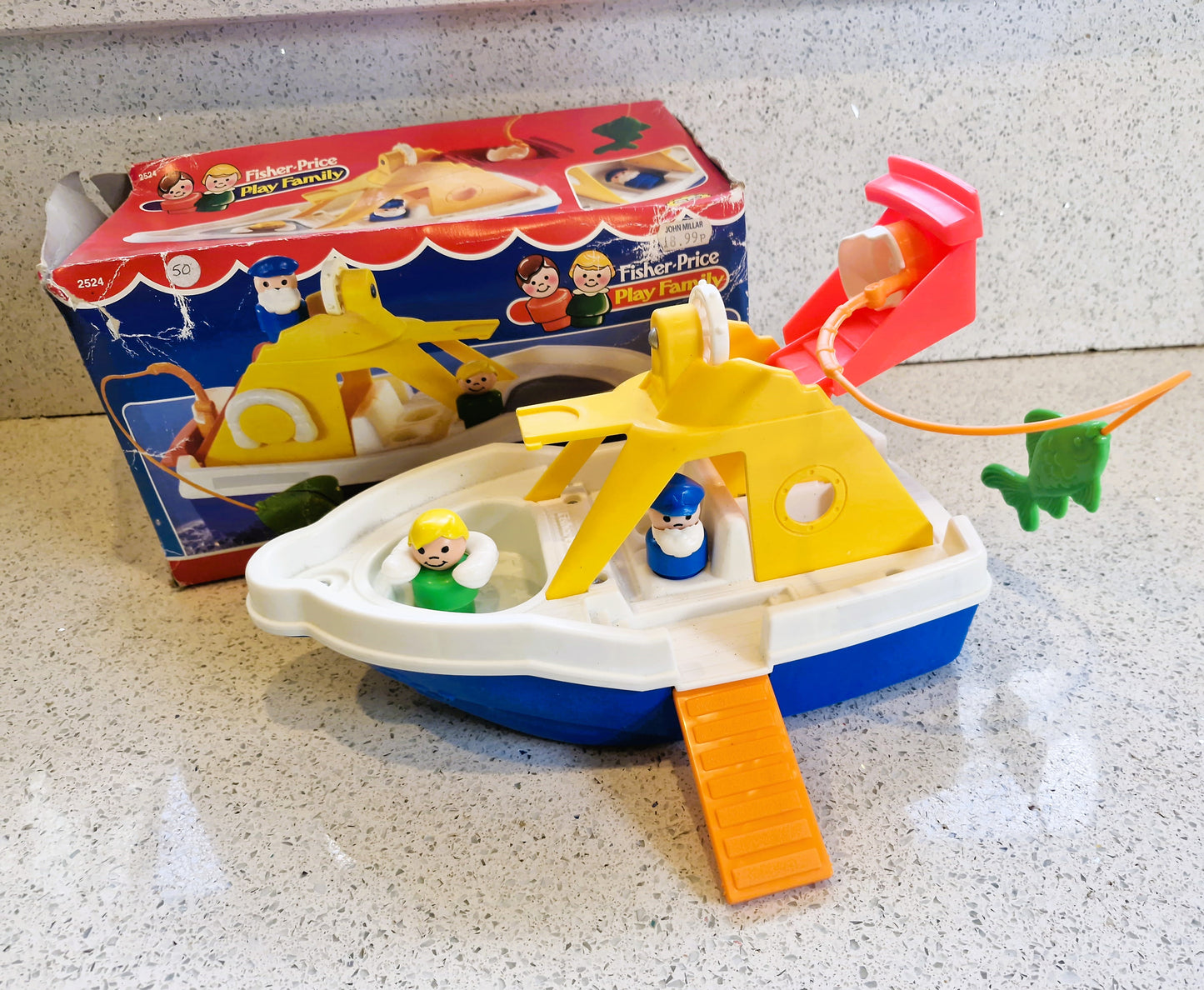 Boxed Fisher Price Cruiser,  Fishing Boat, Fisher Price little people cruiser, 1989, Vintage Fisher Price Toys, #2524 Fisher Price, Cruise Boat, COMPLETE