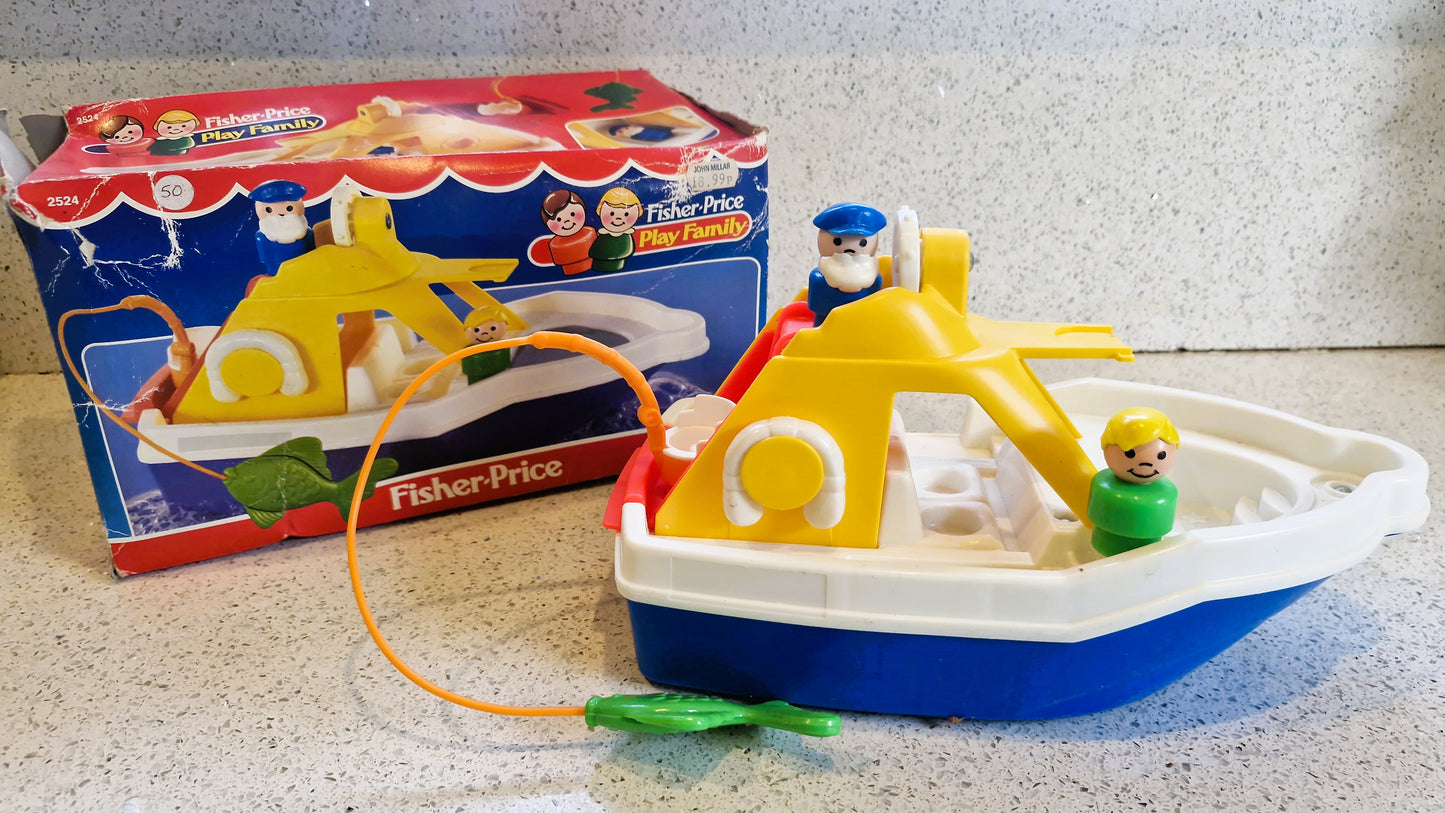 Boxed Fisher Price Cruiser,  Fishing Boat, Fisher Price little people cruiser, 1989, Vintage Fisher Price Toys, #2524 Fisher Price, Cruise Boat, COMPLETE