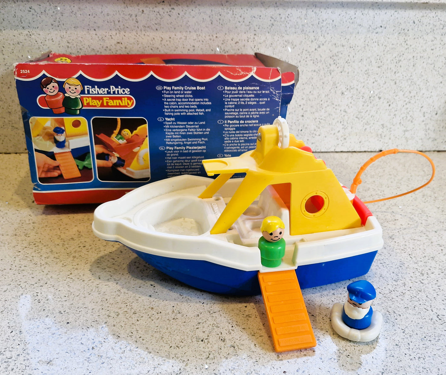 Boxed Fisher Price Cruiser,  Fishing Boat, Fisher Price little people cruiser, 1989, Vintage Fisher Price Toys, #2524 Fisher Price, Cruise Boat, COMPLETE