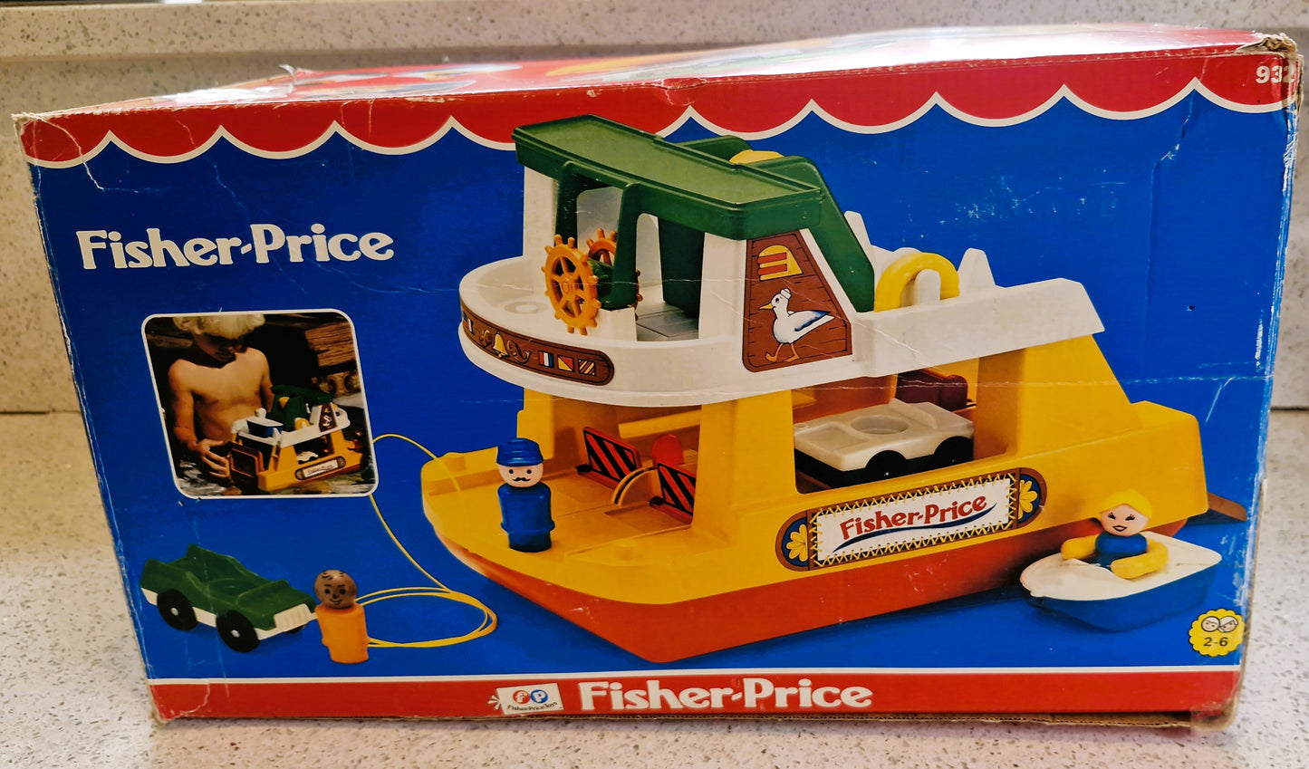 Vintage Fisher Price Ferry Boat Set: 6 Cars, 8 People, Motorbike, Boxed