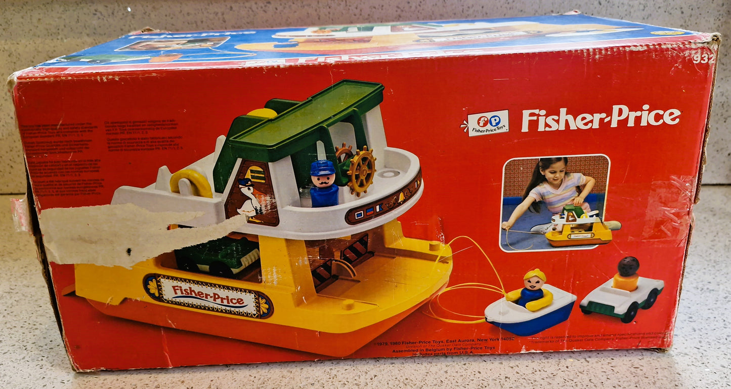 Vintage Fisher Price Ferry Boat Set: 6 Cars, 8 People, Motorbike, Boxed
