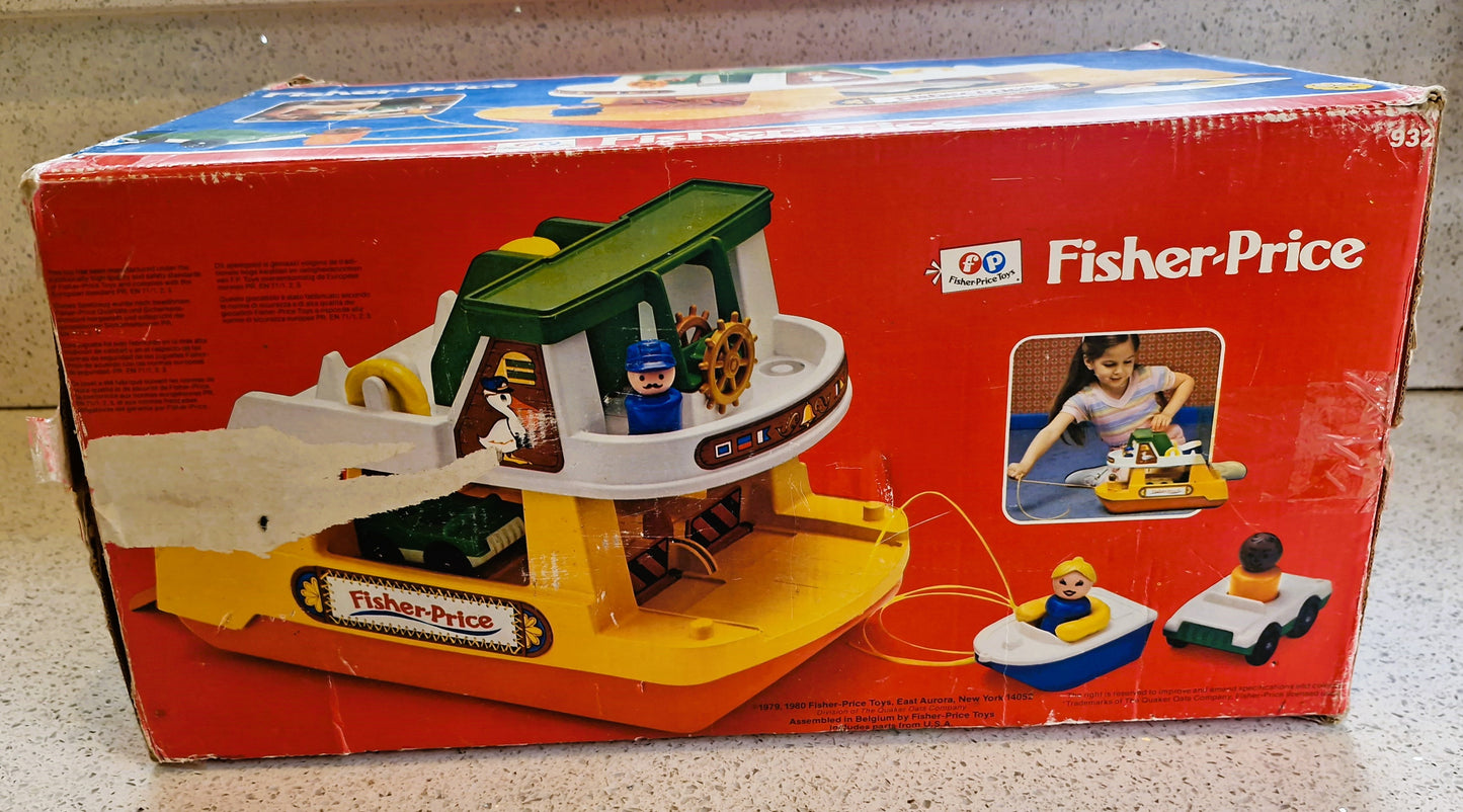 Vintage Fisher Price Ferry Boat Set: 6 Cars, 8 People, Motorbike, Boxed