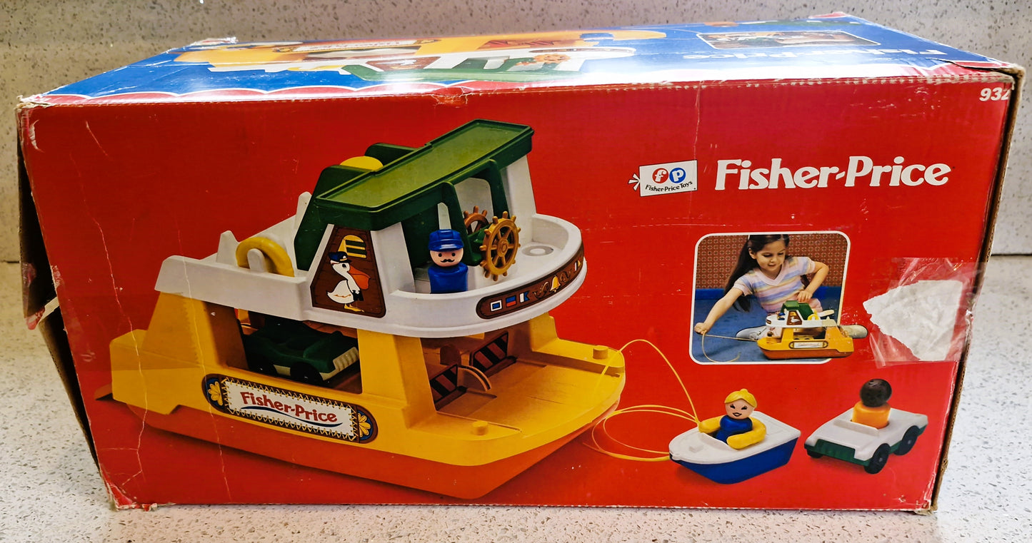 Vintage Fisher Price Ferry Boat Set: 6 Cars, 8 People, Motorbike, Boxed