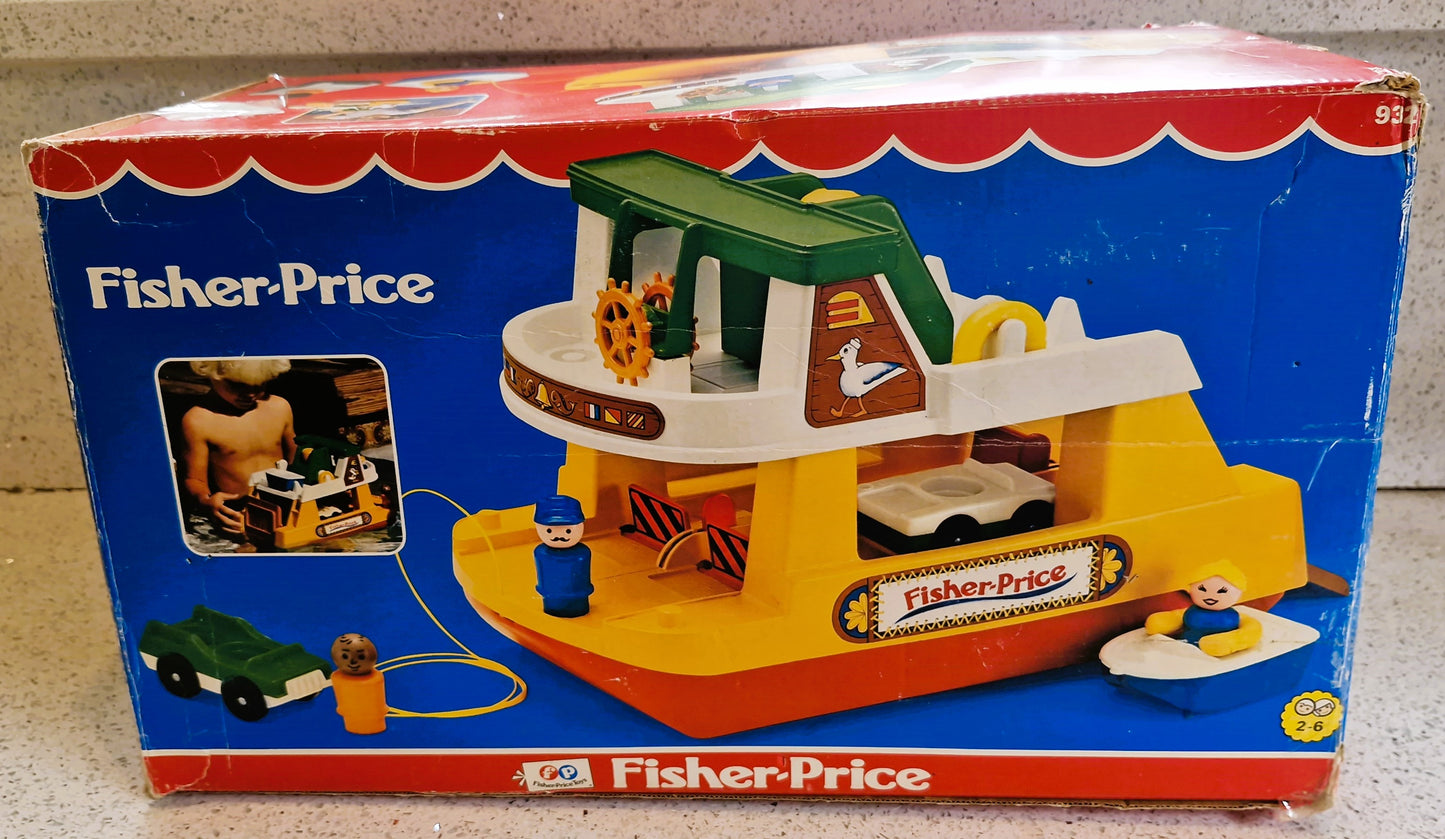 Vintage Fisher Price Ferry Boat Set: 6 Cars, 8 People, Motorbike, Boxed