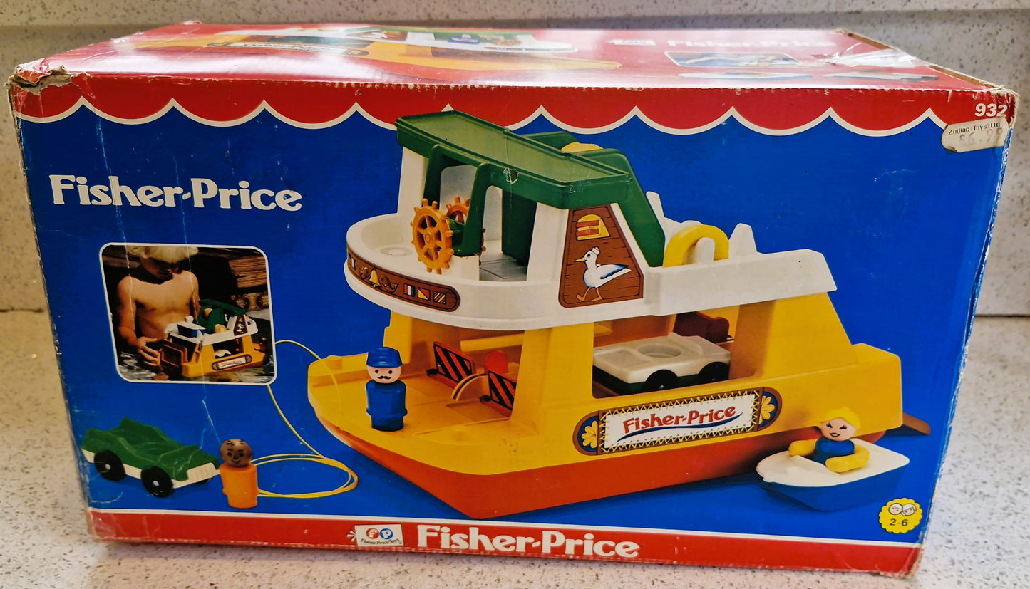 Vintage Fisher Price Ferry Boat Set: 6 Cars, 8 People, Motorbike, Boxed