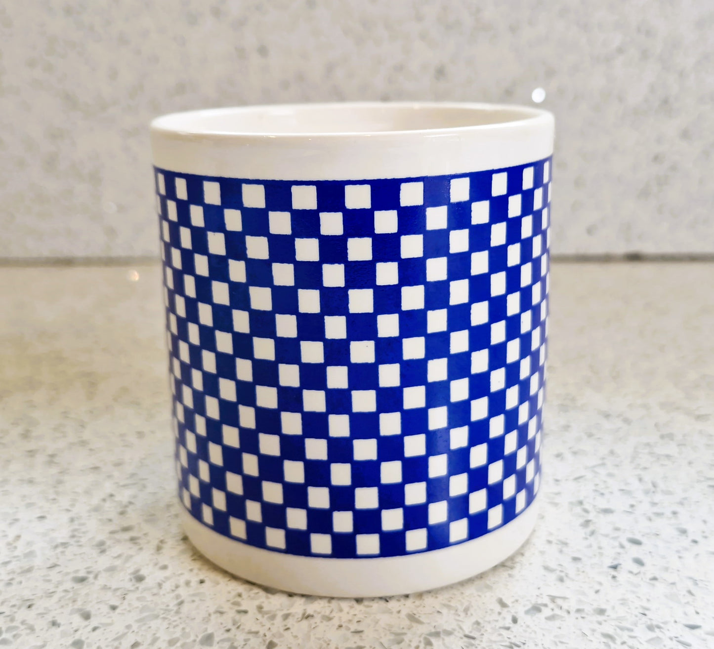 Vintage Ingrid Berger Mug: Blue & White Check Ceramic Coffee Cup, Mug