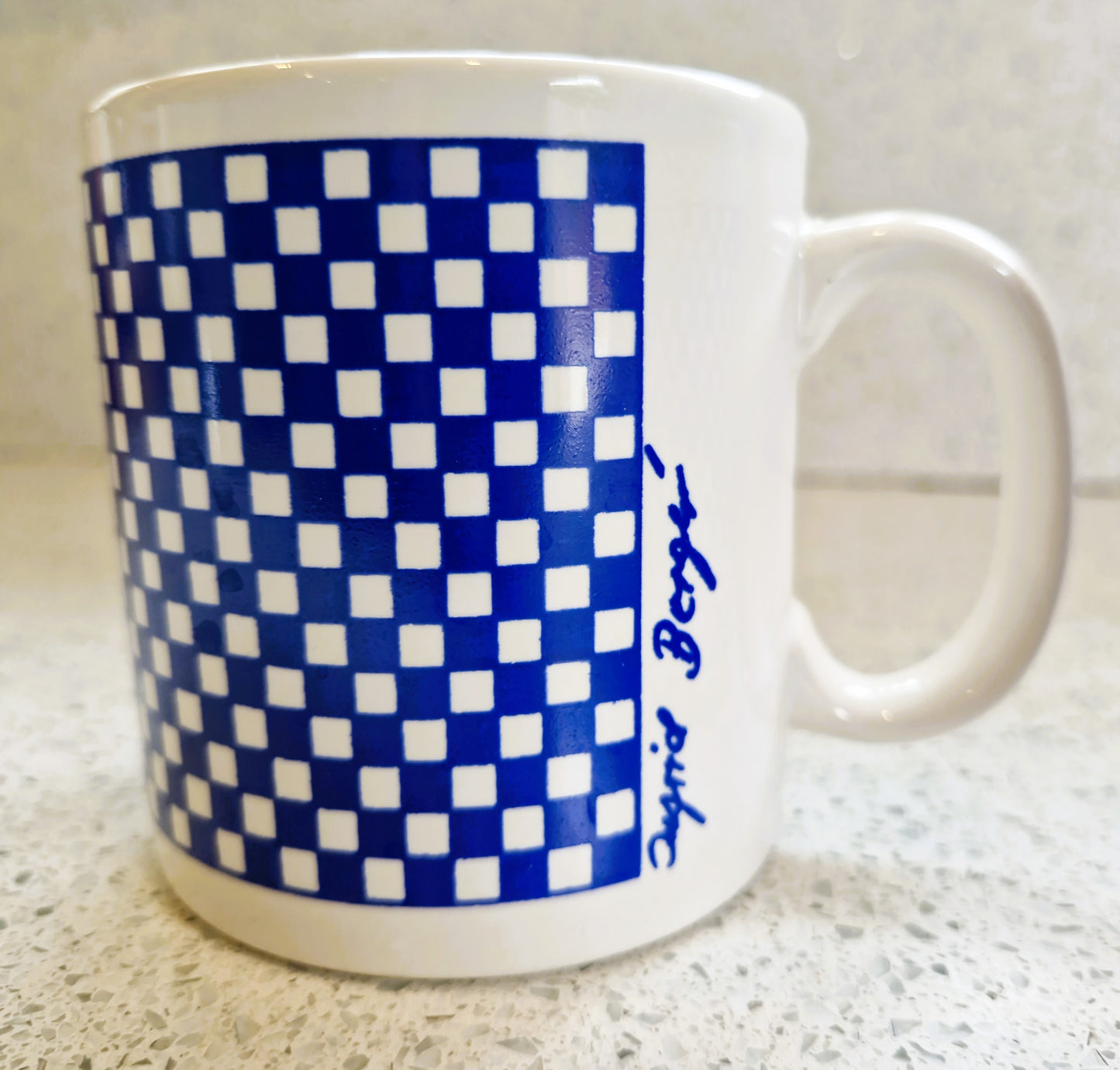 Vintage Ingrid Berger Mug: Blue & White Check Ceramic Coffee Cup, Mug