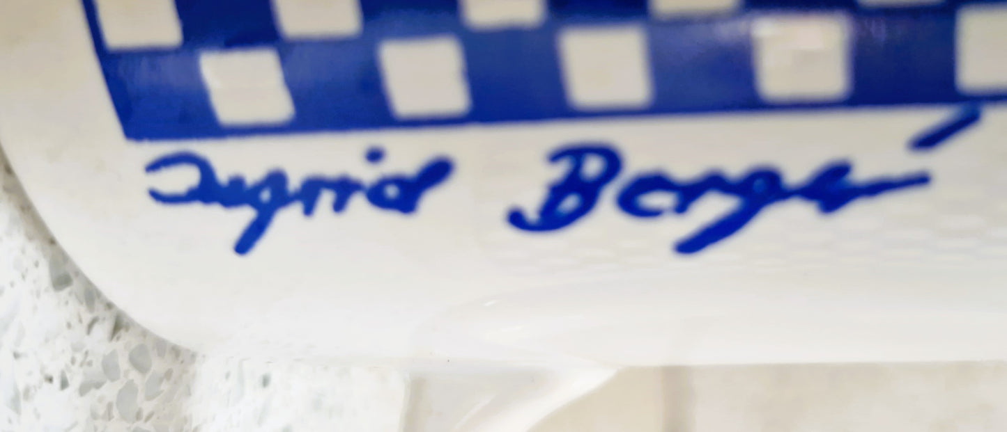 Vintage Ingrid Berger Mug: Blue & White Check Ceramic Coffee Cup, Mug