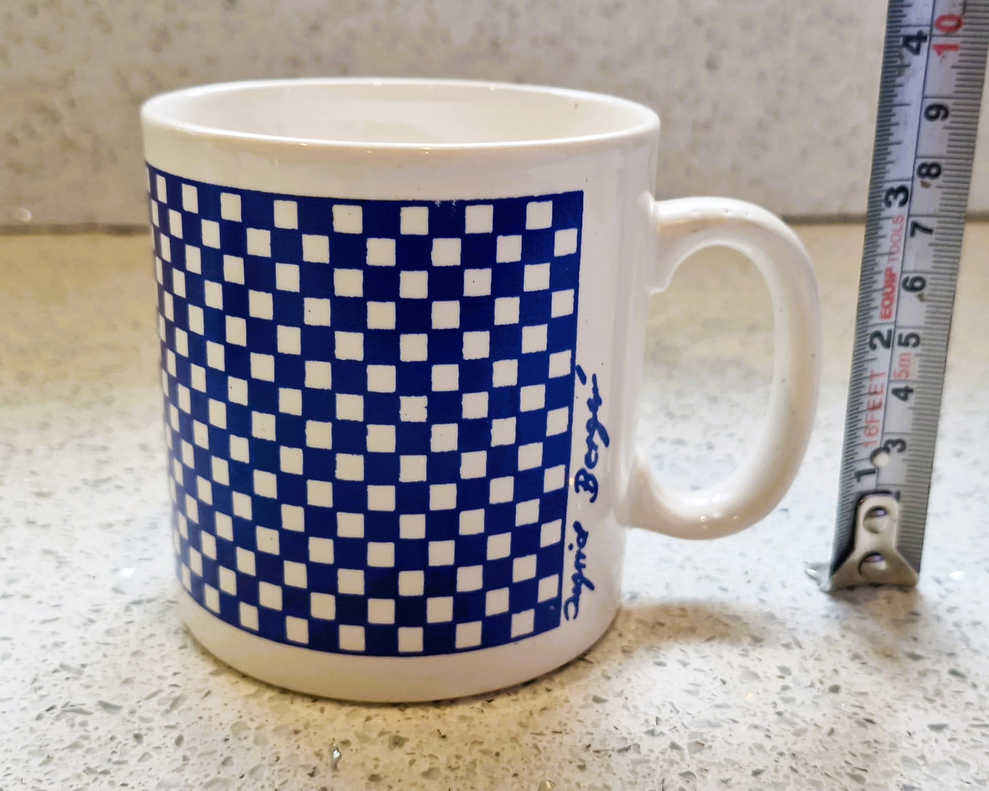 Vintage Ingrid Berger Mug: Blue & White Check Ceramic Coffee Cup, Mug
