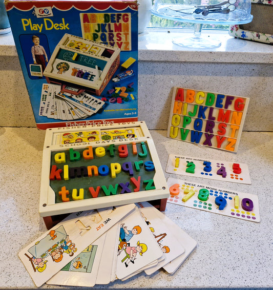 Vintage Fisher Price School Desk, Magnetic Letters, Educational, Pretend Play, Complete, Boxed, Collectors Condition.