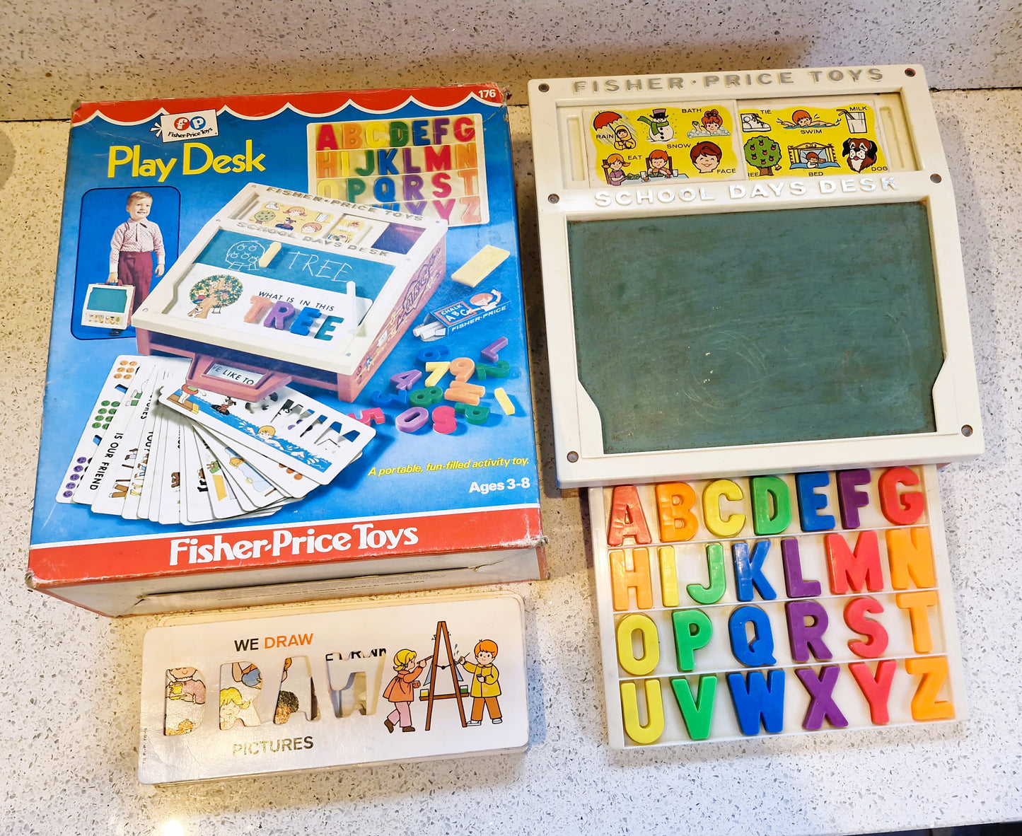 Vintage Fisher Price School Desk, Magnetic Letters, Educational, Pretend Play, Complete, Boxed, Collectors Condition.