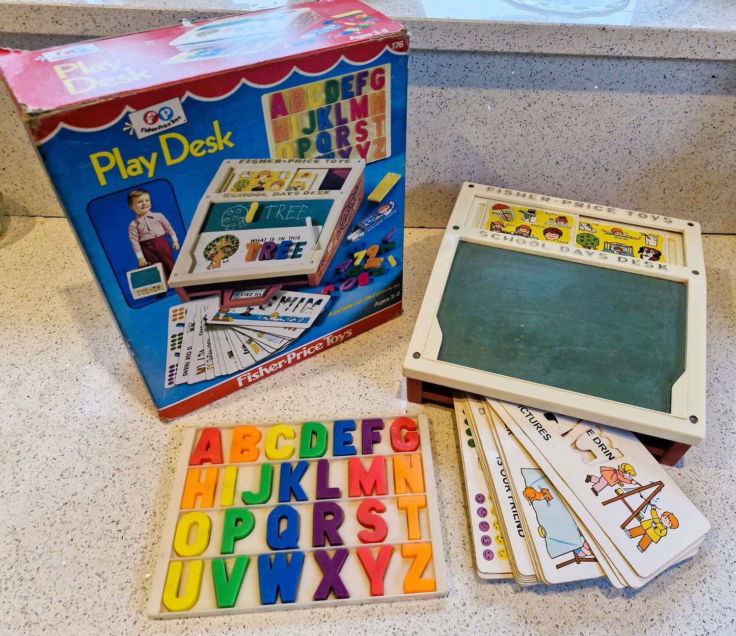 Vintage Fisher Price School Desk, Magnetic Letters, Educational, Pretend Play, Complete, Boxed, Collectors Condition.