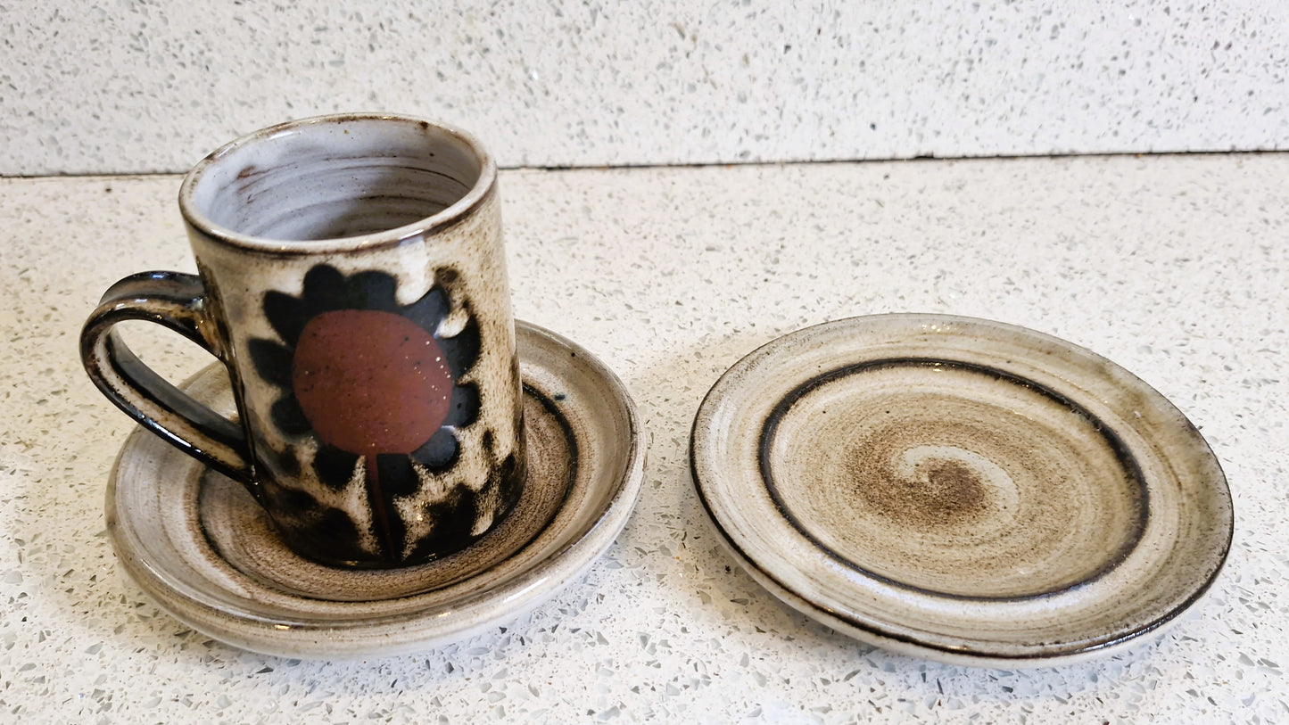 Briglin Studio Pottery Coffee Cup & Saucer: Sunflower Design, England