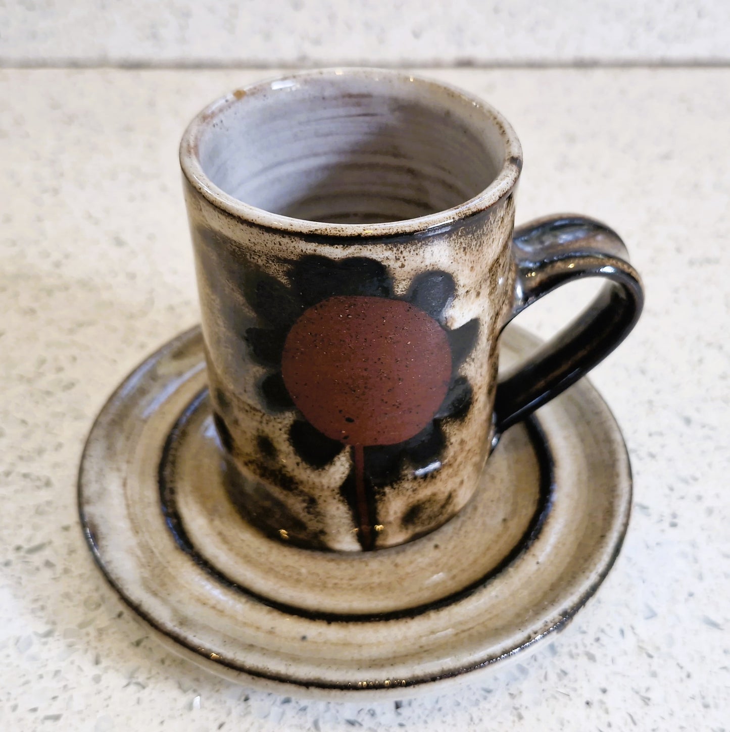 Briglin Studio Pottery Coffee Cup & Saucer: Sunflower Design, England