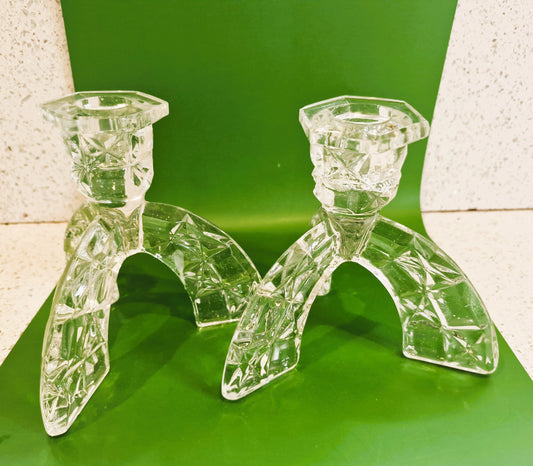 Vintage Art Deco Cut Glass Candlesticks: Clear Crystal Arch
