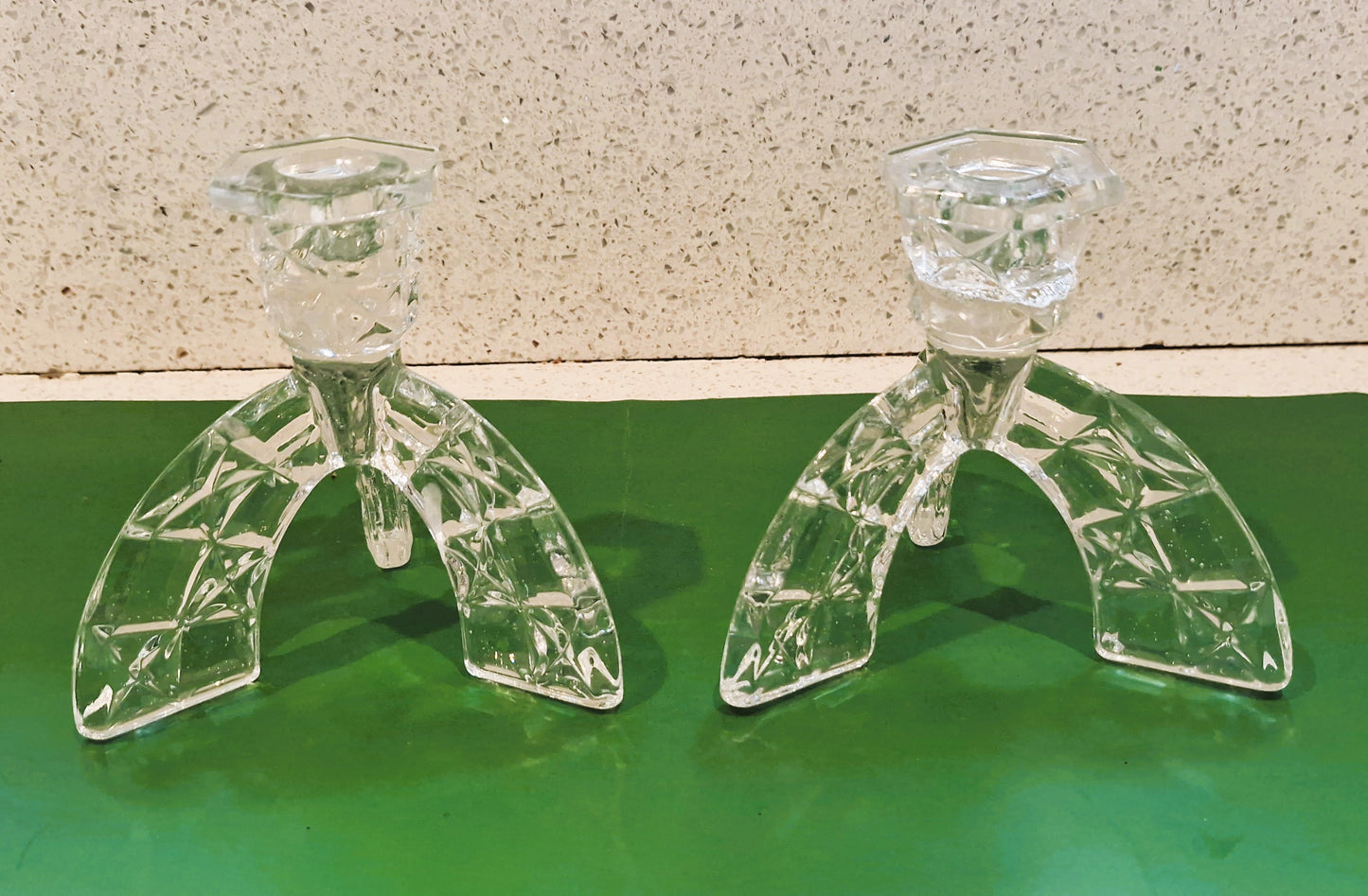 Vintage Art Deco Cut Glass Candlesticks: Clear Crystal Arch