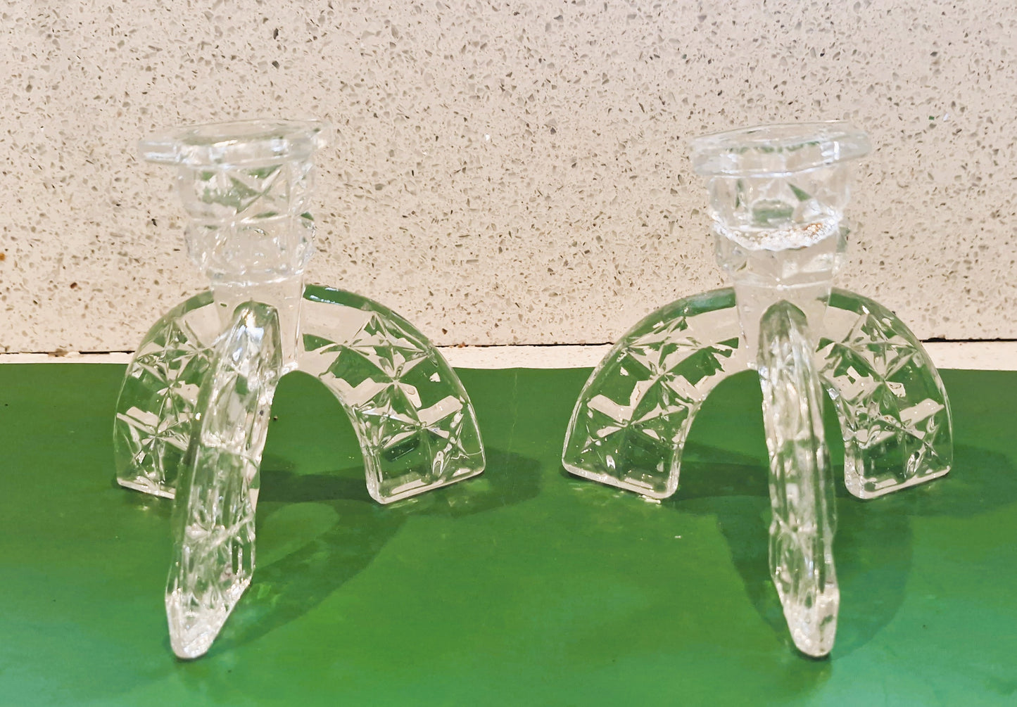 Vintage Art Deco Cut Glass Candlesticks: Clear Crystal Arch