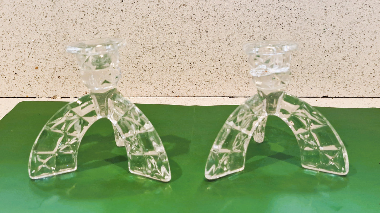 Vintage Art Deco Cut Glass Candlesticks: Clear Crystal Arch