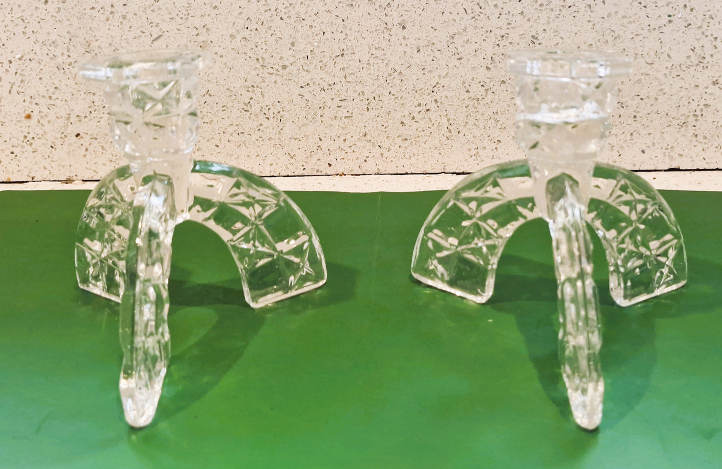 Vintage Art Deco Cut Glass Candlesticks: Clear Crystal Arch