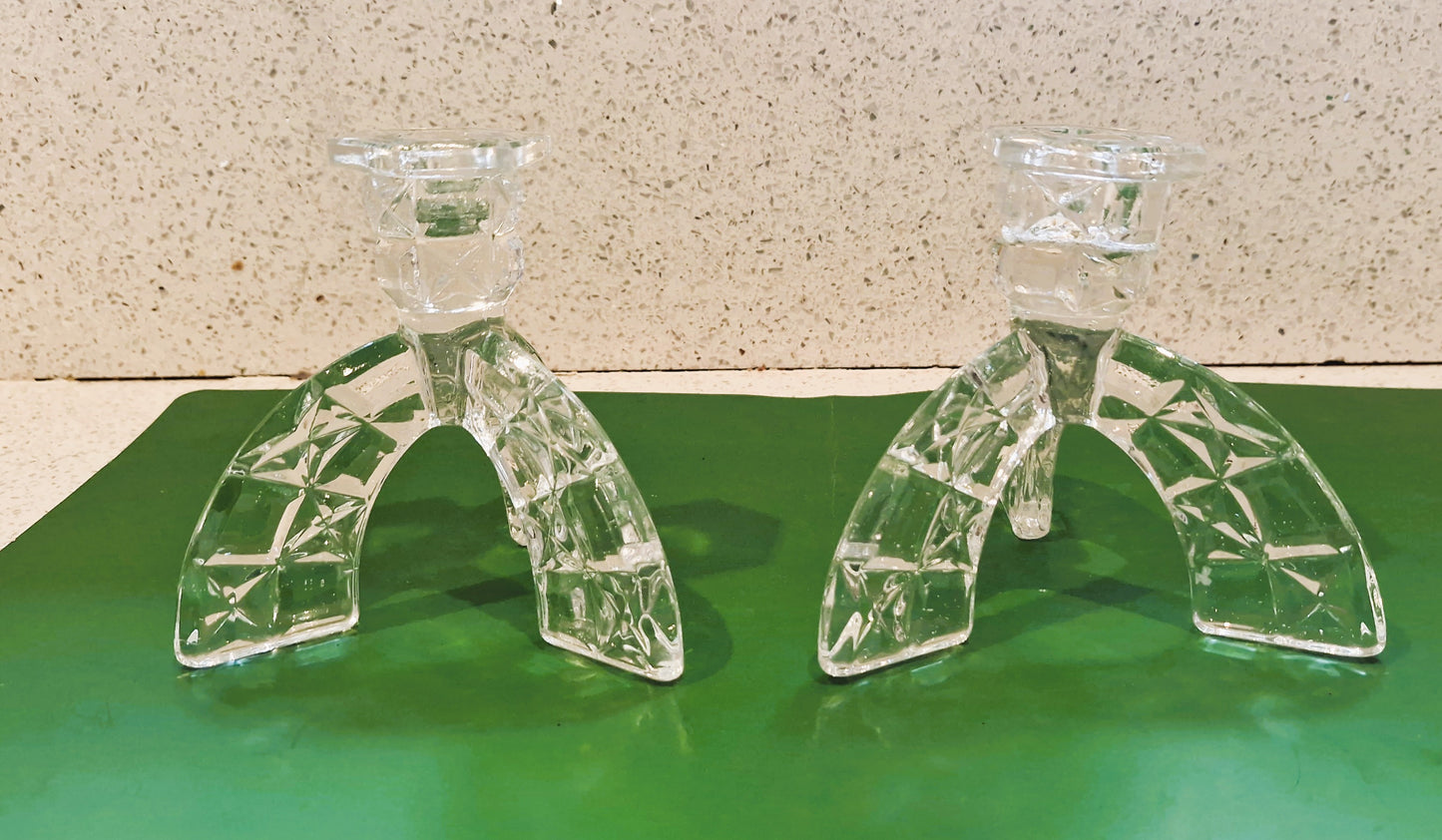 Vintage Art Deco Cut Glass Candlesticks: Clear Crystal Arch