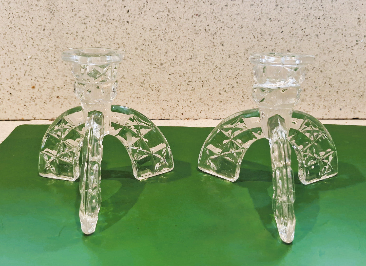 Vintage Art Deco Cut Glass Candlesticks: Clear Crystal Arch