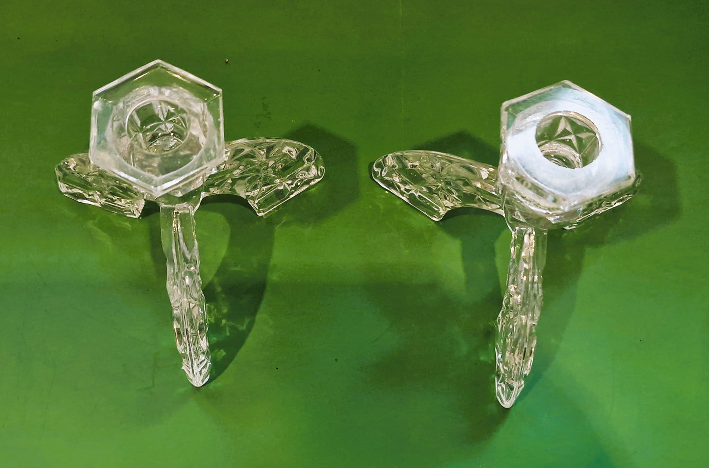 Vintage Art Deco Cut Glass Candlesticks: Clear Crystal Arch