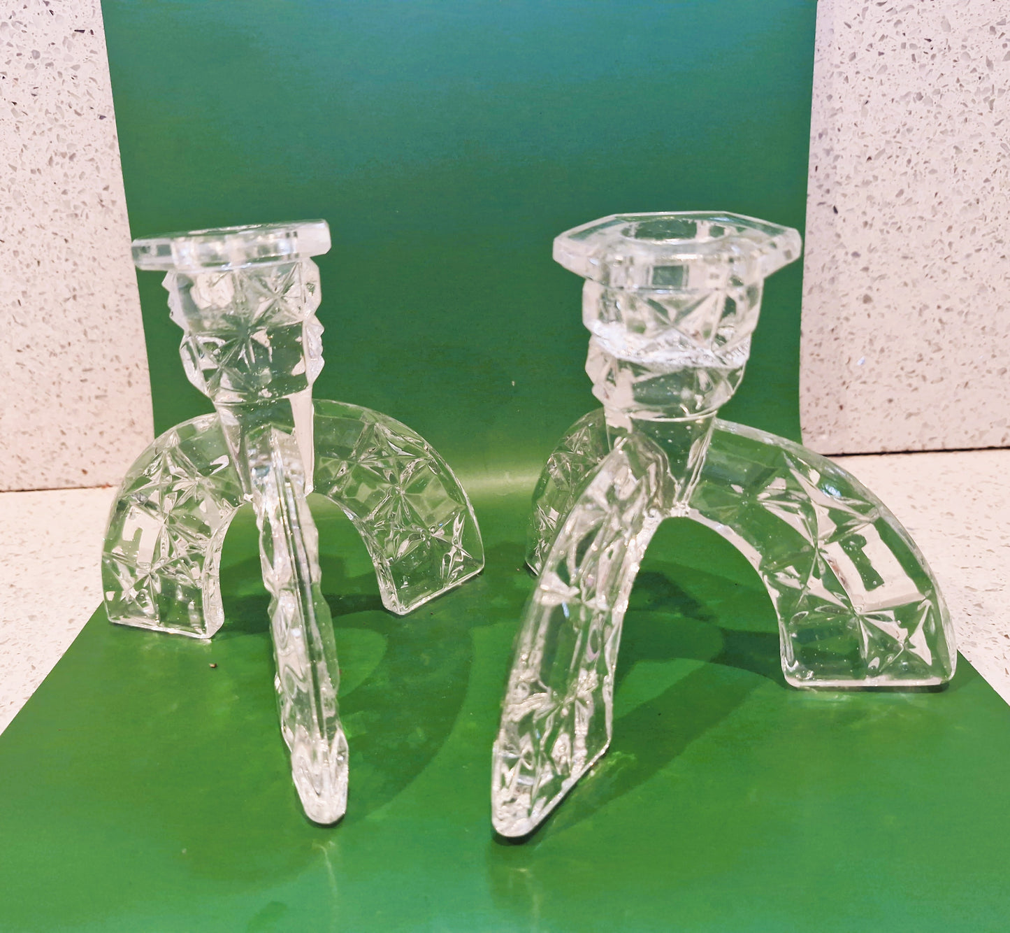 Vintage Art Deco Cut Glass Candlesticks: Clear Crystal Arch