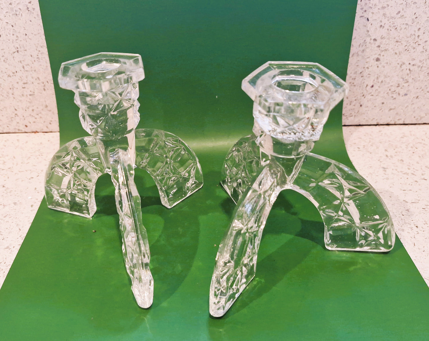 Vintage Art Deco Cut Glass Candlesticks: Clear Crystal Arch