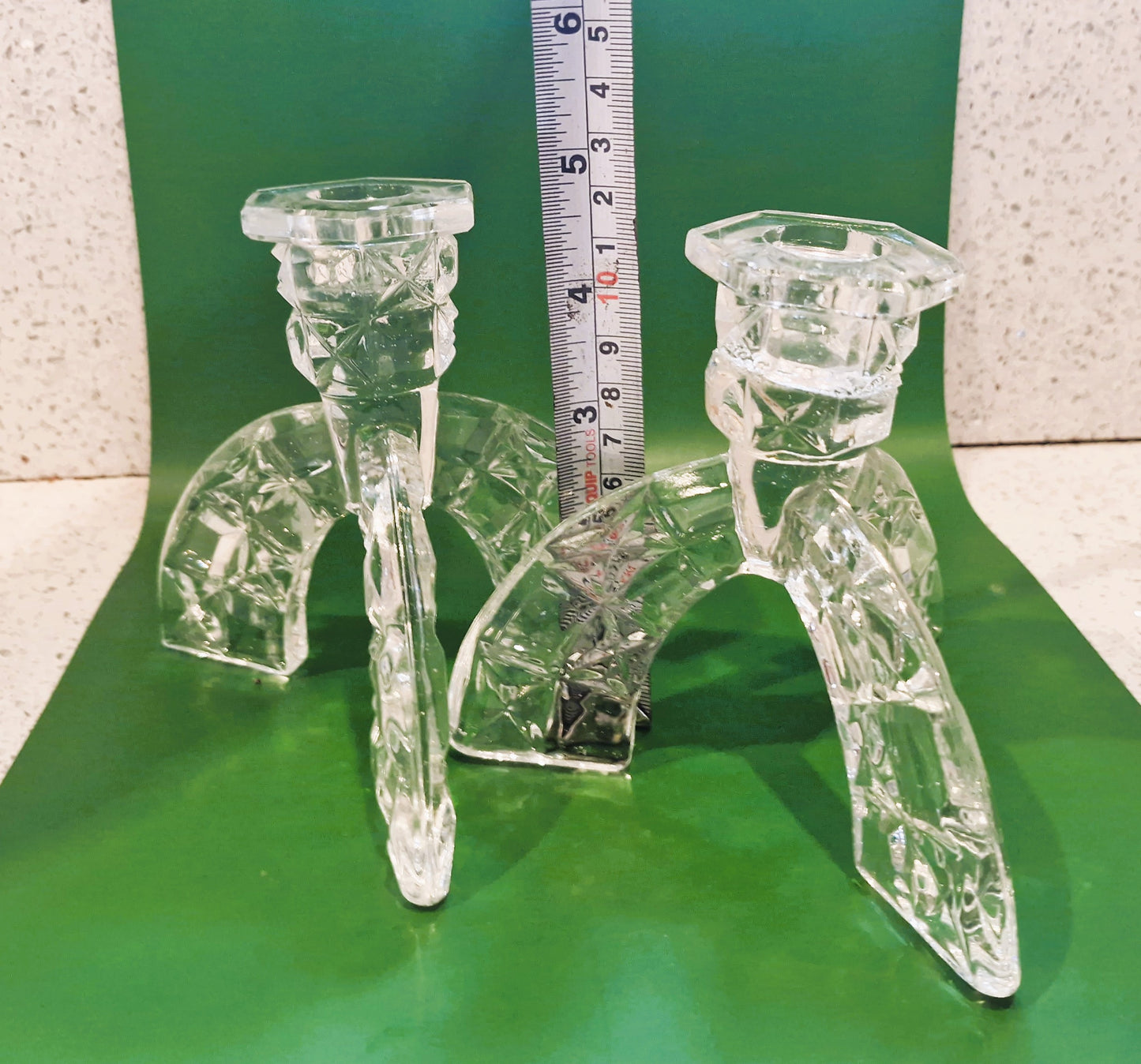 Vintage Art Deco Cut Glass Candlesticks: Clear Crystal Arch