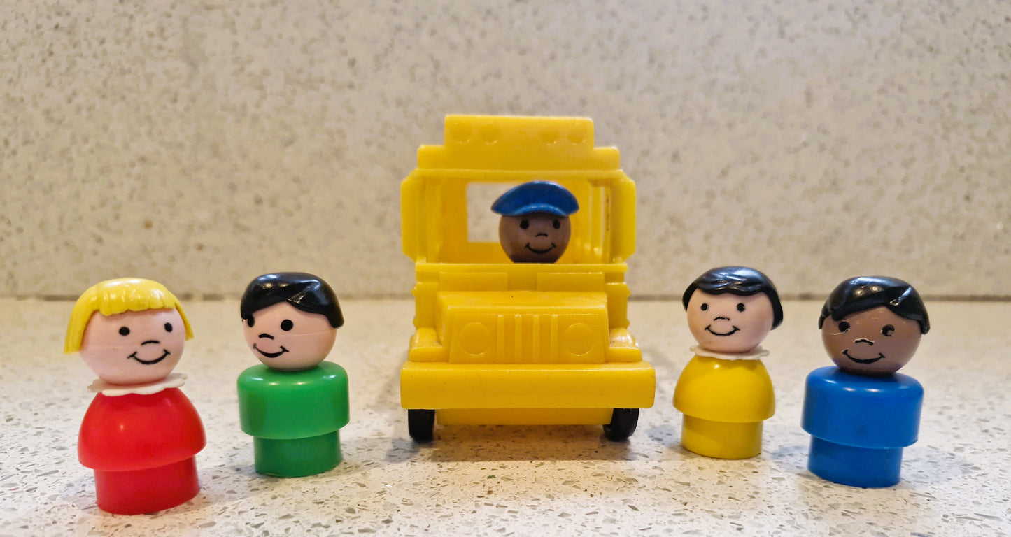 Vintage Fisher Price Yellow School Bus with Little People Figures, 80s Fisher Price Toys
