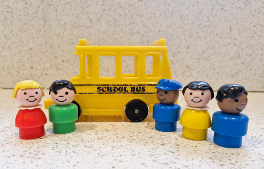 Vintage Fisher Price Yellow School Bus with Little People Figures, 80s Fisher Price Toys