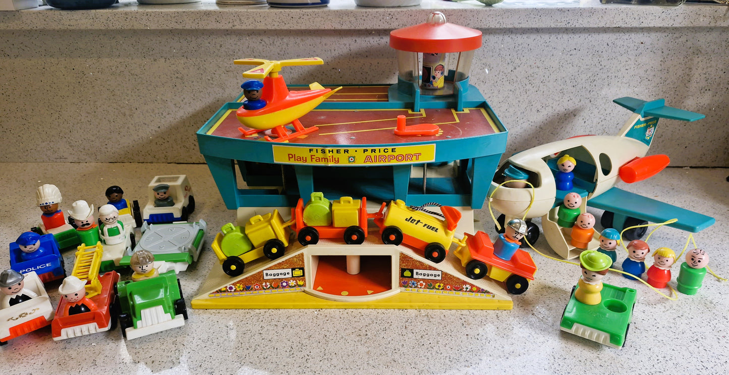 Vintage Fisher Price Little People Airport Set: 1970s Plane, Helicopter & Figures