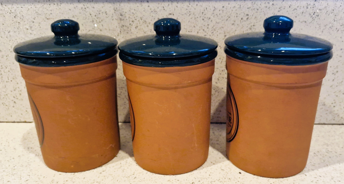 Vintage VAL DO SOL Terracotta Canisters with Navy Glazed Lids - 1970s