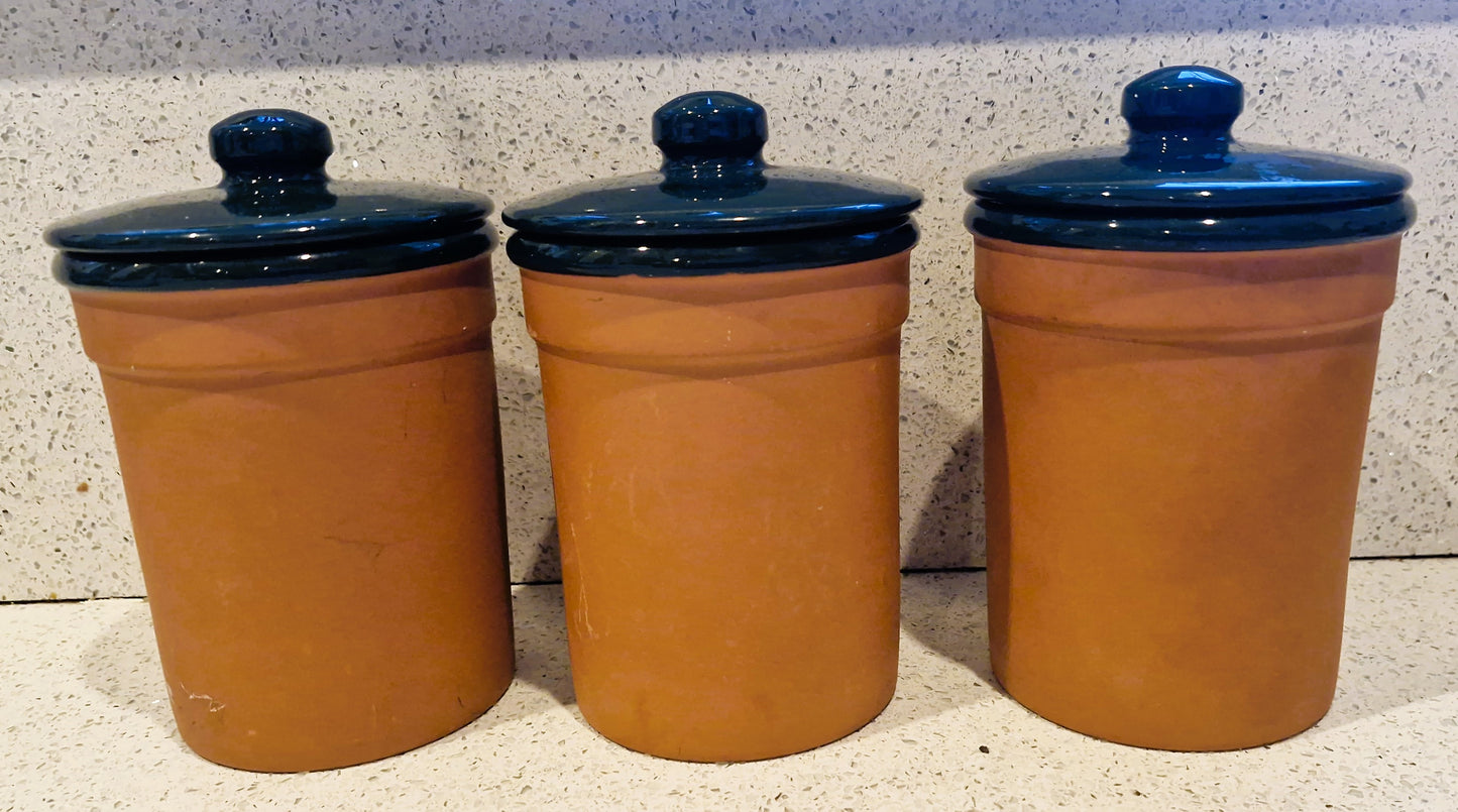 Vintage VAL DO SOL Terracotta Canisters with Navy Glazed Lids - 1970s