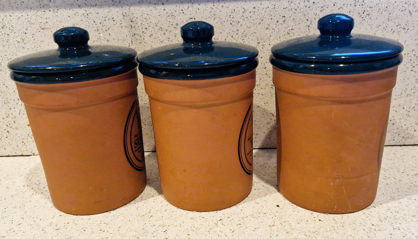 Vintage VAL DO SOL Terracotta Canisters with Navy Glazed Lids - 1970s