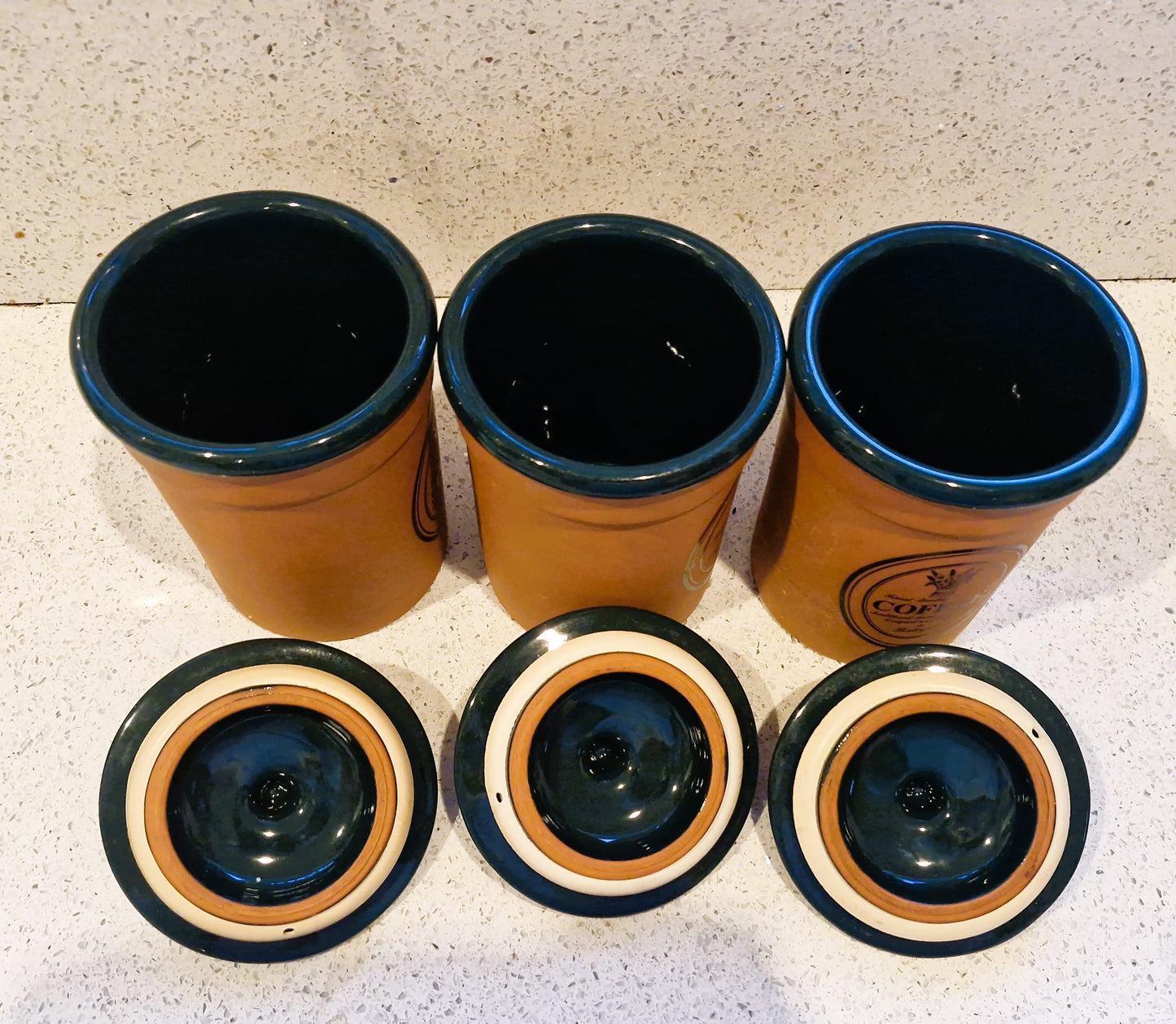 Vintage VAL DO SOL Terracotta Canisters with Navy Glazed Lids - 1970s