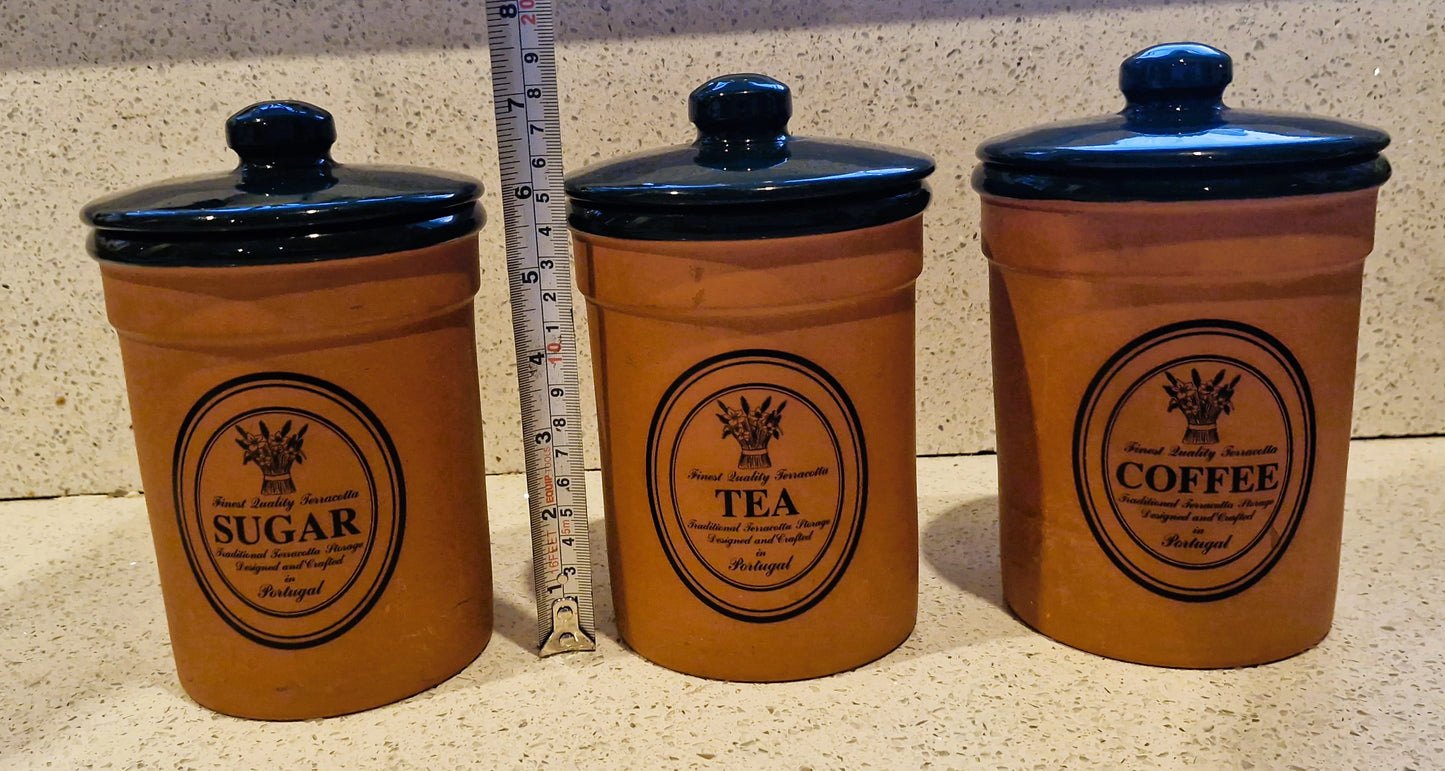 Vintage VAL DO SOL Terracotta Canisters with Navy Glazed Lids - 1970s