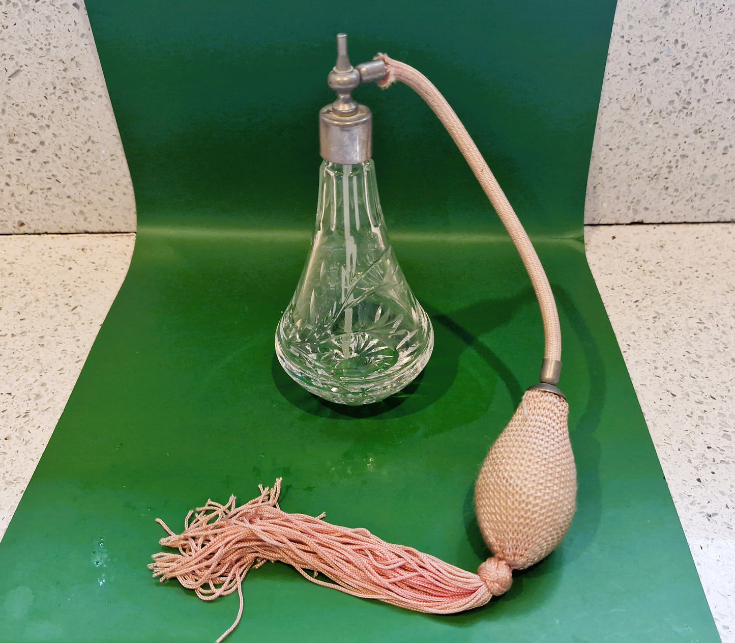 Vintage Stuart Crystal Perfume Atomizer: Teardrop Pink Puffer & Tassel