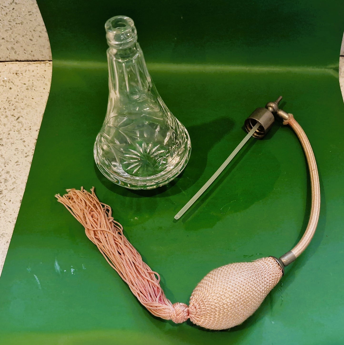 Vintage Stuart Crystal Perfume Atomizer: Teardrop Pink Puffer & Tassel