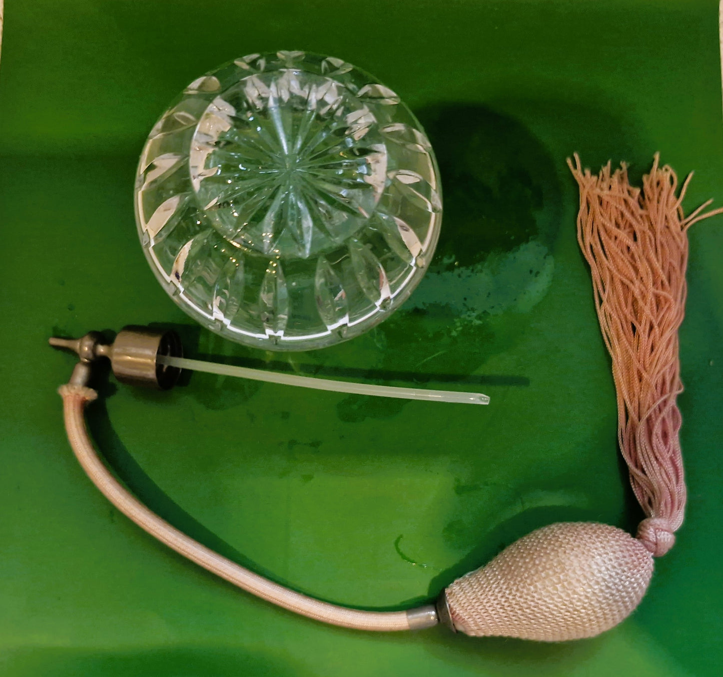 Vintage Stuart Crystal Perfume Atomizer: Teardrop Pink Puffer & Tassel