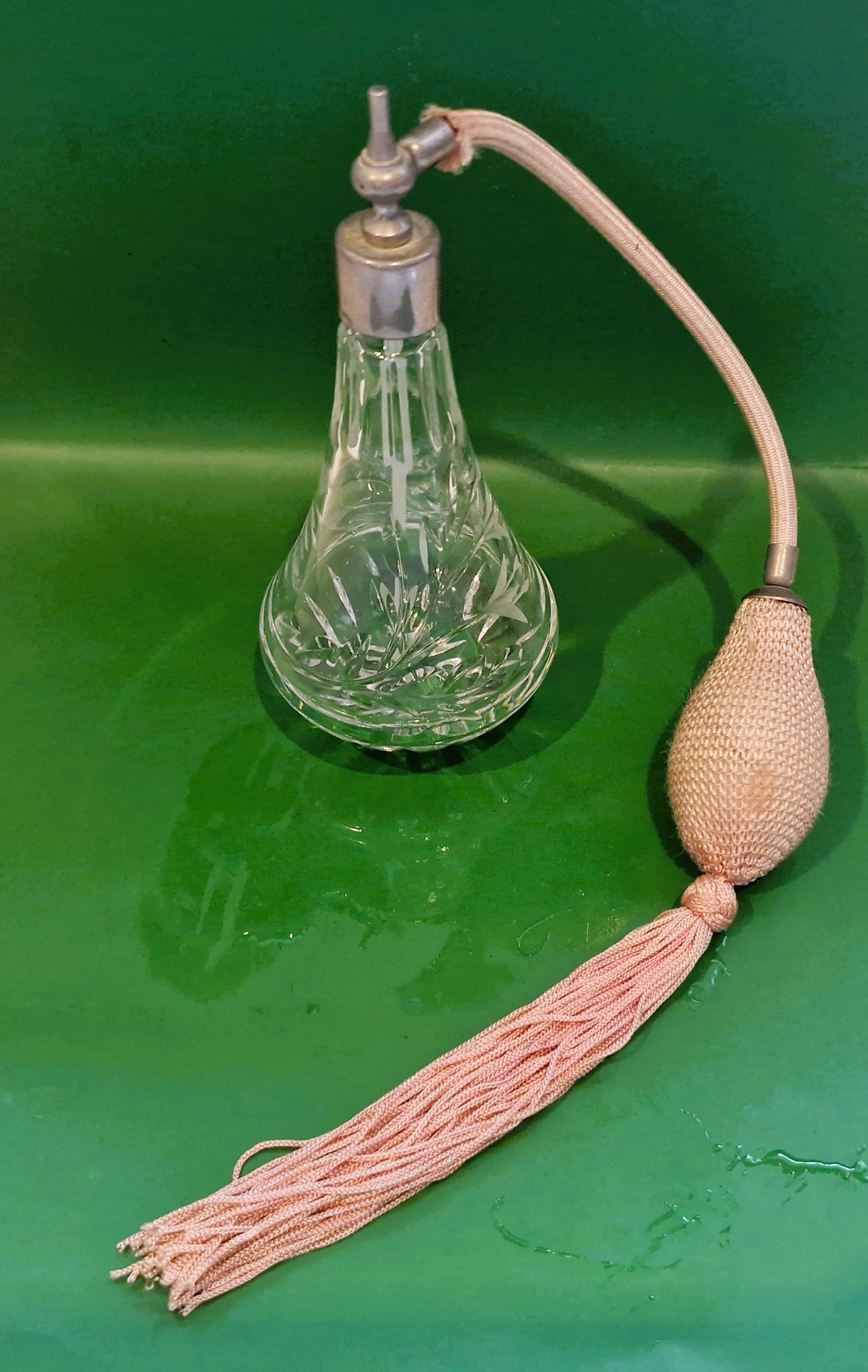 Vintage Stuart Crystal Perfume Atomizer: Teardrop Pink Puffer & Tassel