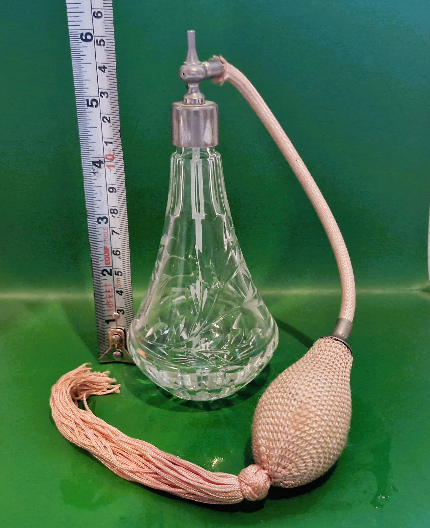 Vintage Stuart Crystal Perfume Atomizer: Teardrop Pink Puffer & Tassel
