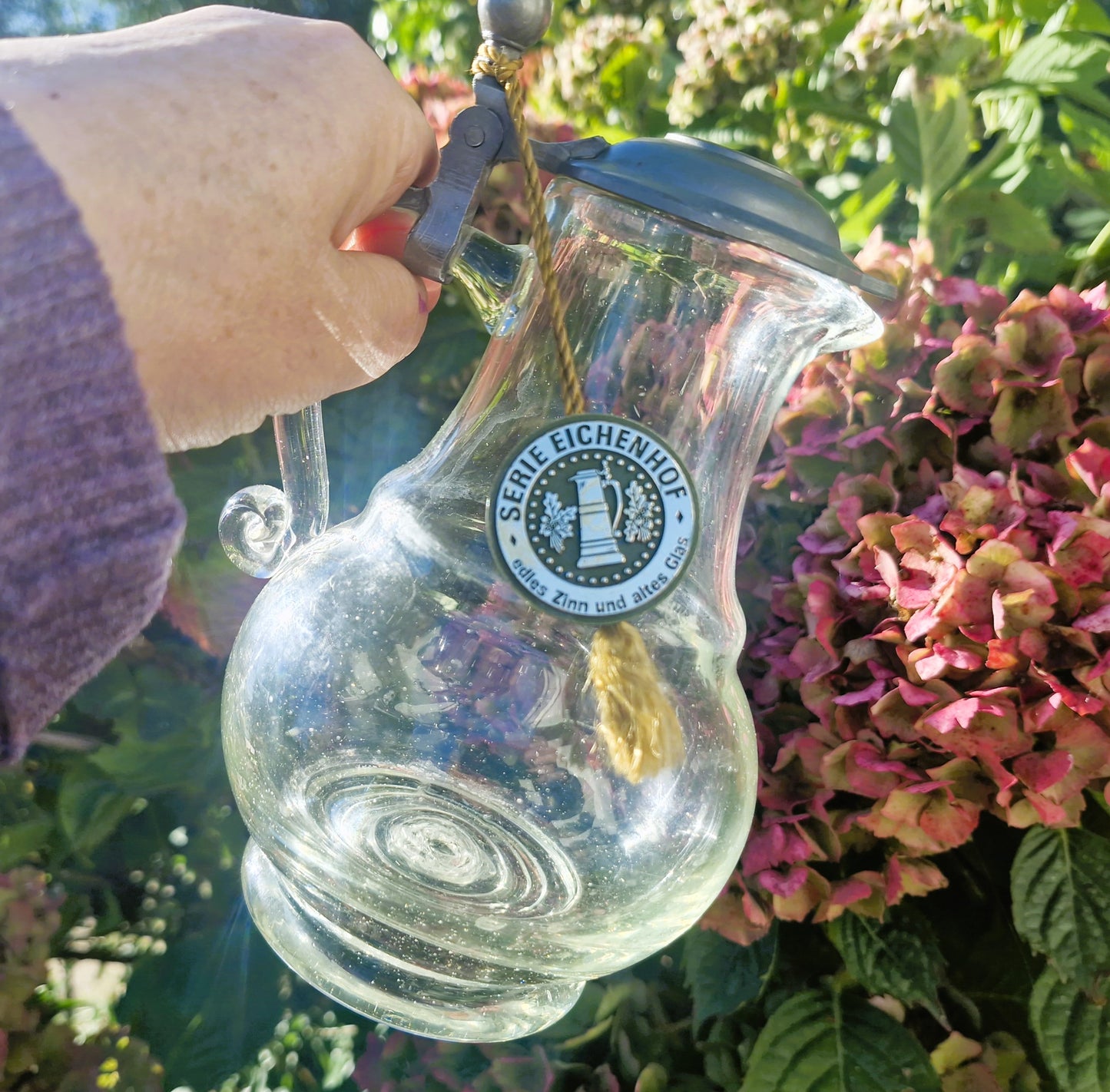 Vintage Whiskey Water Jug, Pewter Top, Water Jug, Whiskey Water Jug, Serie, Original, German, Waldglas, Pewter Pitcher: