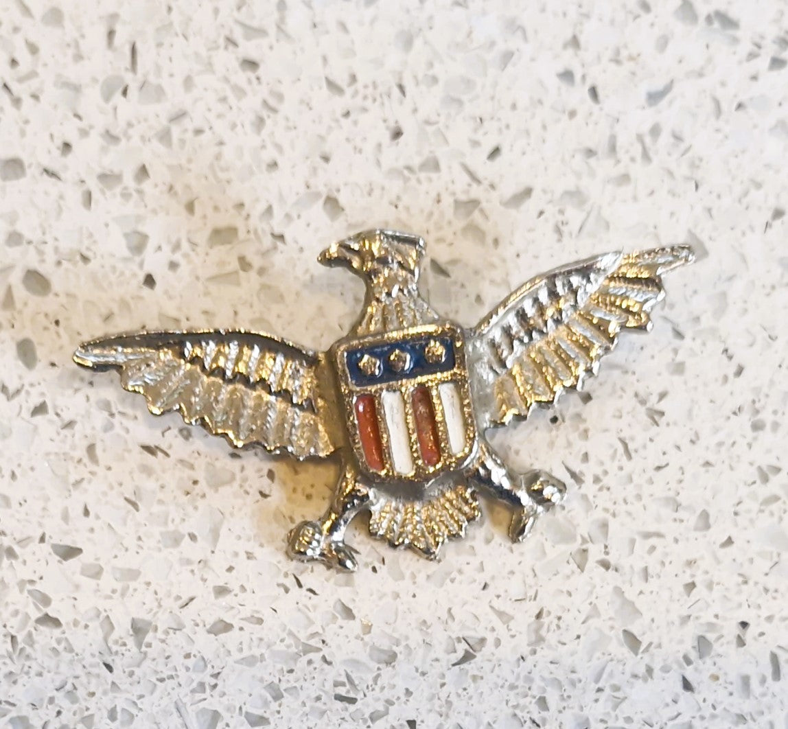 American Eagle Pin Badge, USA, Silver Metal, Shield, Red, White and Blue,